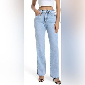 Guaile Women's Jeans High Waisted Stretchy Straight Leg Split Hem Size 4